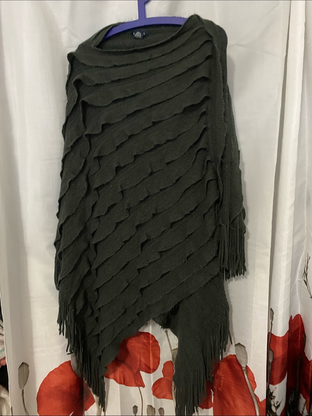 Women's Dark Green Fringe Knit Poncho